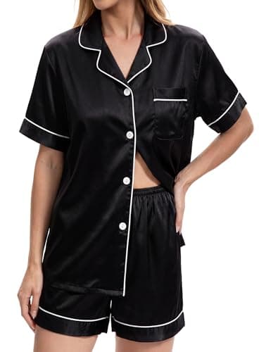 HONGTEYA Satin Silk Pajamas for Women, Button Down Short Sleeve Shorts Set, Sleepwear Loungewear (US, Alpha, Large, Regular, Regular, black) - Image 1