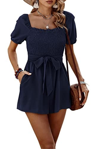 CCTOO Womens Rompers Smocked High Waist Ruffle Sleeves Short Outfits Jumpsuits with Belt 143Navy blueX-Large - Image 1