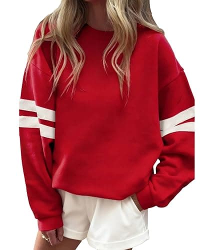KevaMolly Women Varsity Striped Drop Shoulder Sweatshirt Red M - Image 1