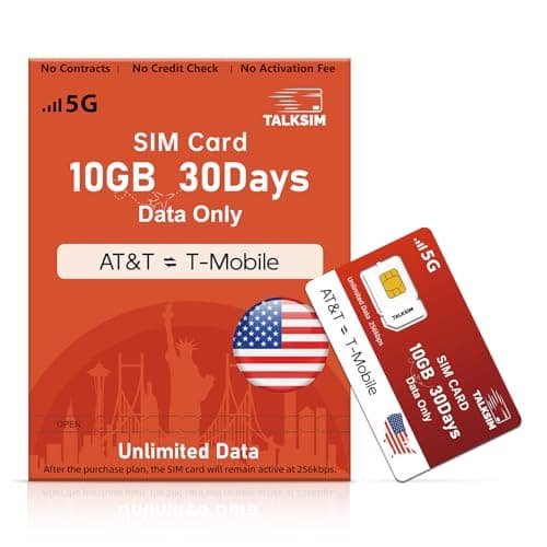 TALKSIM Unlimited Data SIM Card 10GB 30Days, Support AT&T and T-Mobile Network, 5G/4G LTE USA Coverage, Compatible with Unlocked Security Camera/Mobile WiFi Hotspot/Smart Phone/Tablet, No Contract - Image 1