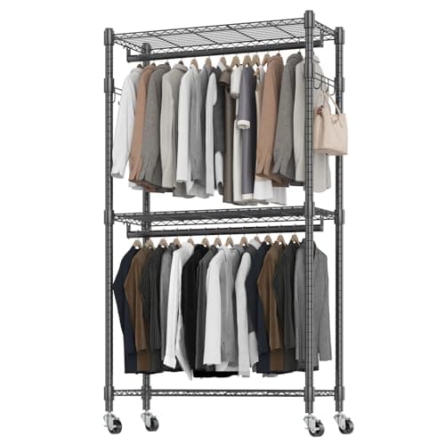BATHWA Rolling Tall Garment Rack with 2 Rods & 3-Tier Adjustable Shelves, 35.5" W x 16.5" D x 80.7" H, Heavy Duty Clothes Hanging Racks Portable Wardrobe Closet Organizer for Bedroom, Laundry, Black