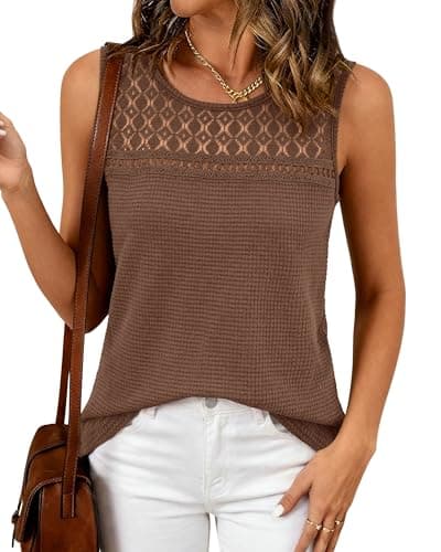 BTFBM Tank Top for Women 2026 Sleeveless Shirts Waffle Knit Vest Crew Neck Casual Outfits Loose Blouses Summer Tops(Coffee, Large) - Image 1