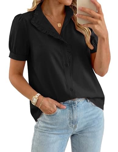 GRACE KARIN Women's 2026 Summer Short Sleeve Tops, Dressy Casual V Neck Blouses, Trendy Button Down Shirts Work Office Black M - Image 1