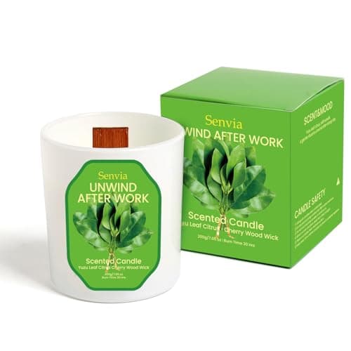 Senvia Crackling Wood Wick Candle - Soy Wax, Yuzu Citrus Scented, Non Toxic, Clean Burn for Home Office, Long Lasting for Small to Medium Rooms, Stress Relief - Image 1