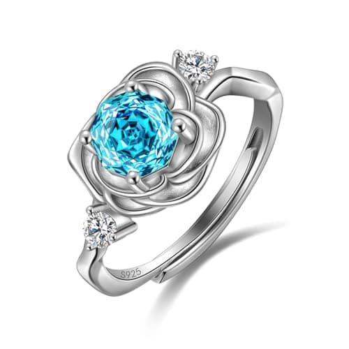 Rose Birthstone Opening Ring - 925 Sterling Silver Rose Cut Cubic Zirconia March Aquamarine Flower Adjustable Anniversary Engagement Promise Ring Birthday Jewelry Gift for Wife Mom Daughter DR0166M