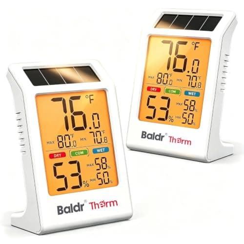 BALDR 2-Pack Indoor Thermometer Humidity Meter, Digital Hygrometer with Backlight, Solar Powered Room Temperature Monitor with Backup Battery, Max Min Records & Comfort Indicator - Image 1