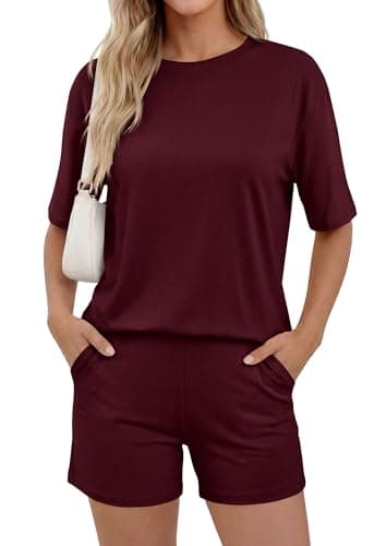 PRETTYGARDEN 2026 Women's Summer 2 Piece Sets Casual Lounge Set Short Sleeve Tops Shirts Shorts Travel Beach Vacation Outfits (Burgundy,X-Small) - Image 1