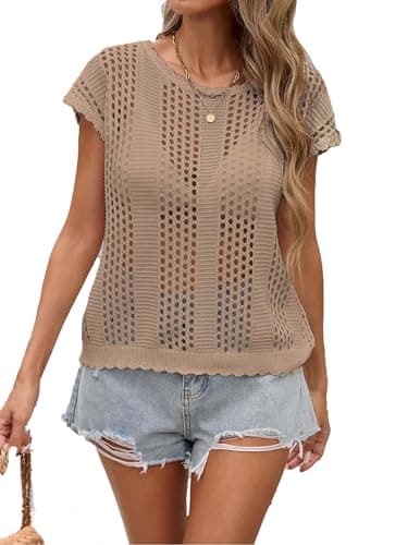 BreathSunny Womens Crochet Knit Top Swimsuit Coverup Summer 2026 Crew Neck Hollow Out Cap Sleeve Mesh Shirt Swimwear Beach Swim Bikini Bathing Suit Cover Up for Women Khaki M - Image 1