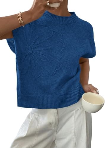PRETTYGARDEN Women's 2026 Spring Sweater Vest Trendy Flower Knit Short Sleeve Cute Pullover Tank Tops Summer Fashion Clothing (Dark Blue,Medium) - Image 1