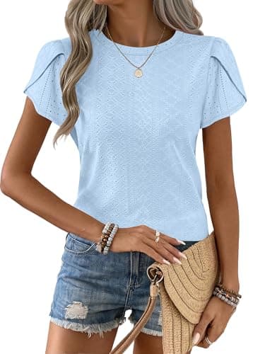 ANRABESS Womens Tops Summer Eyelet Petal Short Sleeve T Shirts Dressy Casual Blouses Ladies Basic Tees 2026 Spring Clothes Sky Blue X-Large - Image 1