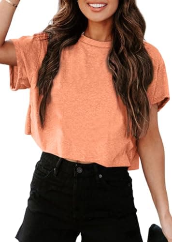 UNCLECAT Women's Cropped T Shirts Trendy Short Sleeve Crew Neck Crop Tops Solid Basic Tee Orange - Image 1