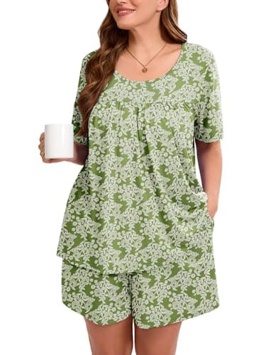 AusLook Women's Plus Size Pajama Sets Short Sleeve Top and Shorts Green Roses 4X Casual Comfy Soft Ladies Short Pajamas Set Loungwear Sleepwear Pjs Set 2 Piece Lounge Set with Pockets - Image 1