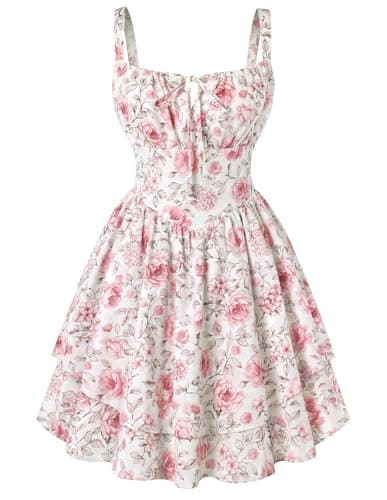 Scarlet Darkness Floral Mini Corset Dress for Women Teen 2026 Summer Spring Flowy A-Line Sundress with Pockets Big Pink Rose L - Image 1