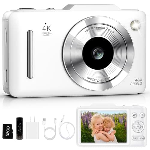 Digital Camera 4K Autofocus Vlogging Camera for Photography with 16X Zoom Anti Shake, 32GB Card, 48MP Compact Portable Point and Shoot Camera for Kids Boys Girls Teens Beginner(White) - Image 1