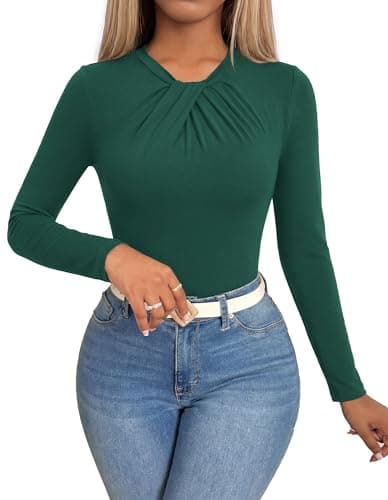 KIRUNDO Long Sleeve Tops for Women Business Casual Outfits Slim Fitted Knit Twist Knot Work Office Shirt Blouse Going Out Top(Dark Green, Large) - Image 1