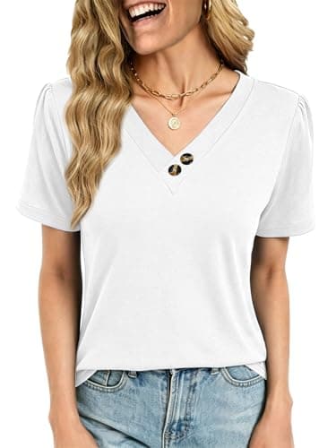 VUTRU Womens Tunic Tops V Neck Blouse Puff Short Sleeve Cute Summer Shirts Loose Flowy Work Casual Beach Travel Holiday, White M - Image 1