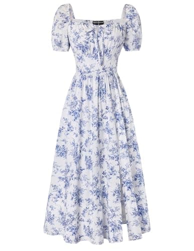 Scarlet Darkness Women's Floral Corset Dress with Split 2026 Summer Spring Square Neck Midi Milkmaid Dresses Blue Bird Print XL - Image 1