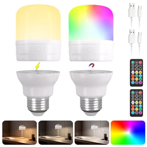 Rechargeable Light Bulb 2-Pack, Battery Operated E26 LED Bulb with Magnetic Base, RGB Color Changing + 3 Color Temps, Remote Control & Timer, Emergency & Portable Light for Power Outage Camping - Image 1