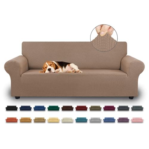 KEKUOU Stretch Sofa Cover Slipcover ,Couch Covers for 3 Cushion Couch Sofa pet Friendly (78"-94") Furniture Protector Sofa with Elastic Bottom for Kids,Dog, Jacquard Small Checked(Large,Camel) - Image 1