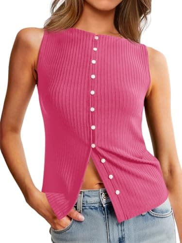 Tankaneo Womens Button Down Ribbed Tank Tops Cropped Cute Y2k Vest Tops Summer Going Out Outfits Rose Red - Image 1