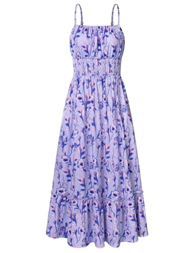 GRACE KARIN Summer Dresses for Women 2026 Vacation,Smocked Floral Maxi Dresses,Boho Beach Long Sundress Purple Vine M - Image 1