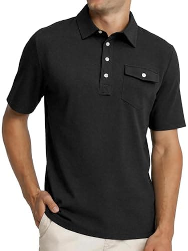 JEMLDL Men Short Sleeve Polo Shirts Stretch Slim Fit Shirt with Pocket Business Casual Summer Work Comfort T-Shirt Black M - Image 1