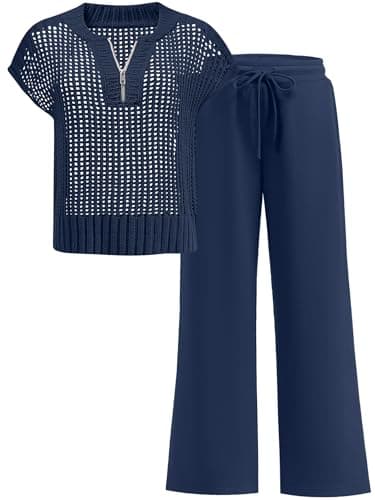 ANRABESS Womens 2 Piece Outfits Crochet Knit Half Zip Sweater Top Wide Leg Pants Summer Lounge Matching Sets Travel Clothes Navy Blue Medium - Image 1