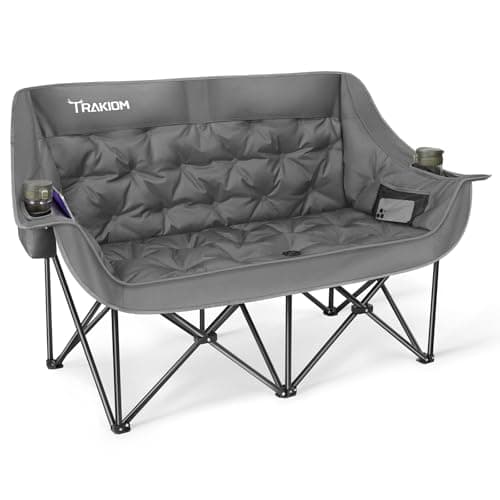 Trakiom Double Camping Chair Oversized Padded Outdoor Loveseat Chairs for Adults, Heavy Duty Folding Camping Couch with Cup Holders & Phone Pocket, 2 Person Portable Chair for Beach Lawn Patio