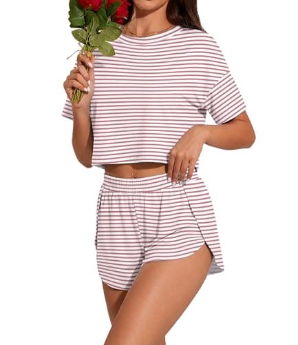 PrinStory Womens Pajama Sets Side Split Shorts Pj Set Cute Pjs 2 Piece Summer Lounge Sets FP-Pink White Stripe-L - Image 1