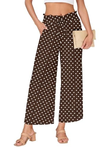 VUTRU Womens Polka Dot Pants Casual Summer Boho Clothes Plus Size Flowy Wide Leg Loose Casual Vacations Outfits, Brown2 S - Image 1