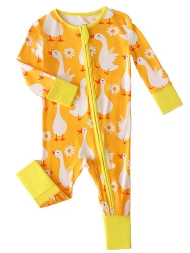 Joonberry Infant Baby Girl Clothing Bamboo Rayon Footies, Newborn outfit Footed Long Sleeve Jumpsuit with Zipper and Mitten Cuffs (Goose, 3-6M) - Image 1