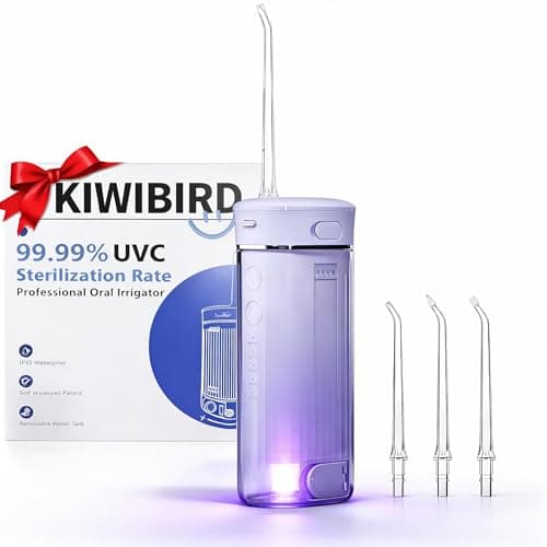 KIWIBIRD Mini Water Flosser for Travel, Ultra-Portable Cordless Oral Irrigator with UVC Light, IPX8 Waterproof 3 Modes, 230mL Teeth Cleaner for Tonsil Stones & Braces Care - Home & Travel (Purple) - Image 1