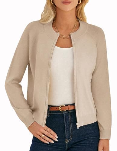 GRACE KARIN Womens Khaki Zip Up Cardigan Sweaters Lightweight Cardigans Spring Light Jackets for Women Summer Outfits M - Image 1