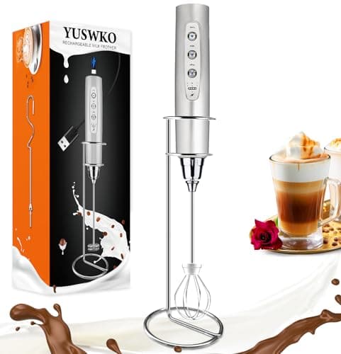 YUSWKO Silver Rechargeable Milk Frother for Coffee with Stand, Handheld Drink Mixer with 3 Heads 3 Speeds Electric Stirrers for Latte, Cappuccino, Hot Chocolate, Egg - Image 1