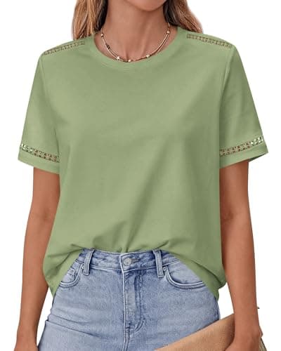 BTFBM Short Sleeve Shirts for Women 2026 Lace Summer Tops Spring Casual Loose Crew Neck T-Shirt Cute Vacation Outfits(Light Green, Small) - Image 1