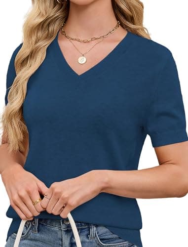 SunnyMelody Womens Wool Sweater V Neck Short Sleeve Lightweight Knit Work Top Fall Spring Summer 2026 Business Casual Outfit Dressy Blouse Shirt Trendy Fashion Clothes Office Teacher Tops Blue M - Image 1