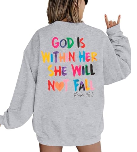 VILOVE Christian Sweatshirt Women Bible Verse Pullover Christian God Is Within Her Long Sleeve Inspirational Blouse Top Grey - Image 1