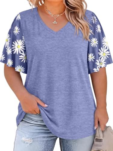 HDLTE Women Plus Size Tops Bell Sleeves Floral Print Shirt Casual Plus Size Blouse (Clear Blue, 1X) - Image 1