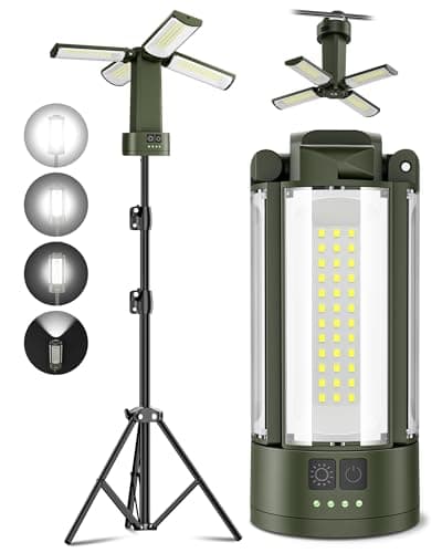 T-SUN Rechargeable Camping Light with Stand, 4 LED Lamp Heads for Wider, Camping Light with Tripod, Olive Green Portable Tent Light with Magnetic Base for Campsite, Hiking, Fishing, Emergency - Image 1