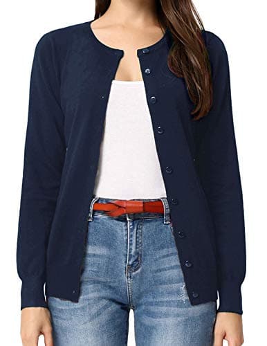 GRACE KARIN Women's Long Sleeve Button Down Crew Neck Classic Sweater Knit Cardigan(2XL,Midnight Blue) - Image 1