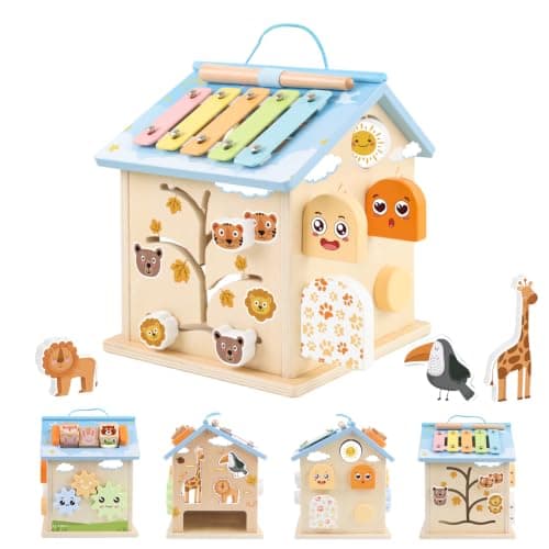 Wooden Activity Cube Montessori Toys for 6 Months Old 1 2 3 Years Toddlers Boys Girls 8-in-1 Baby Activity Center Birthday Gifts Shape Sorter Educational Learning Wood Cube