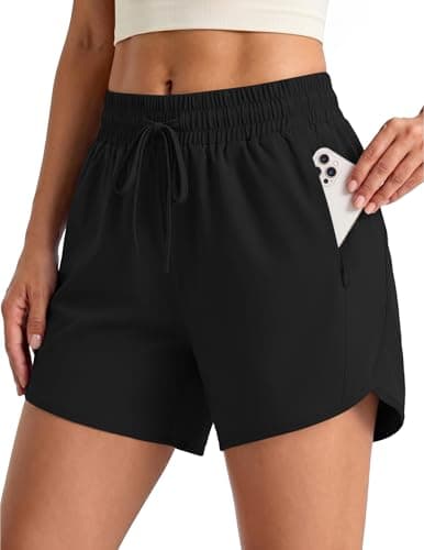 Aprolive Women 4" Athletic Dolphin Running Shorts High Waisted Quick Dry Drawstring Workout Gym Short with Zipper Pockets (Black, L) - Image 1
