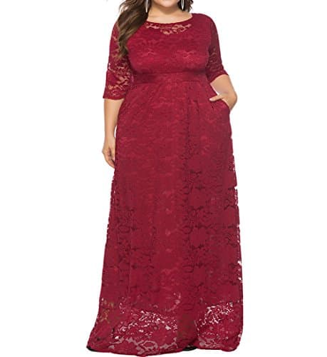 Eternatastic Womens Floral Lace 2/3 Sleeves Maxi Dress Evening Party Long Dress 3XL Red - Image 1