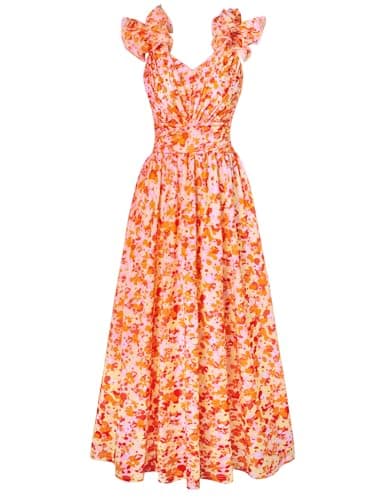 GRACE KARIN 2025 Women's Summer Floral Print Sleeveless Long Casual Flowy A Line Ruffle Wedding Guest Maxi Dress Orange M - Image 1