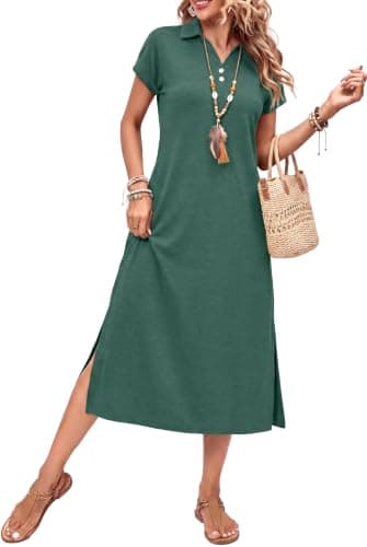 BEXIBOOM Women's Summer Maxi Dress, Cap Sleeve V Neck Collared Polo Shirt Dress with Pockets, Casual Long Dress for Beach Vacation Work Dark Green-XL
