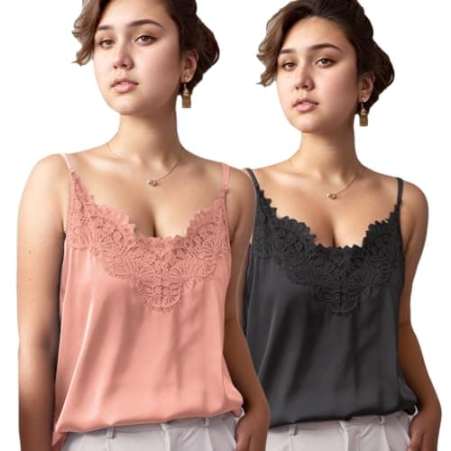 Silk Camisole Tops for Women Satin Cami Adjustable Strap Spaghetti Strap Silk Tank Tops Office Wear V-Neck Satin Lace Trim Cami Business Casual (US, Alpha, Small, Regular, Regular, Black+Pink) - Image 1
