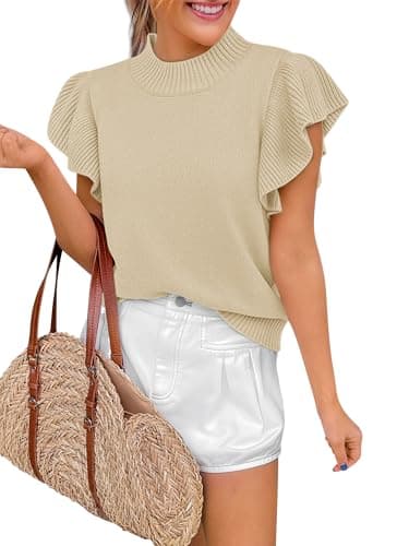 Womens Tops Ruffle Short Sleeve Sweater Summer Cropped Loose Casual Crew Neck Lightweight Knit Pullover Sweaters Apricot XL - Image 1