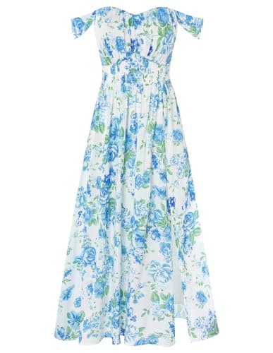 GRACE KARIN Summer Floral Dress for Women 2026,Off the Shoulder Smocked Bridesmaid Dresses,Formal Baby Shower Maxi Dresses White Blue Green S - Image 1