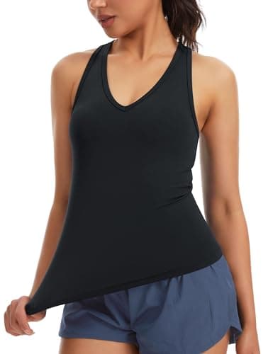 THE GYM PEOPLE Women’s V Neck Workout Tank Tops Racerback Slim Fit Sleeveless Yoga Running Athletic Shirts Black - Image 1