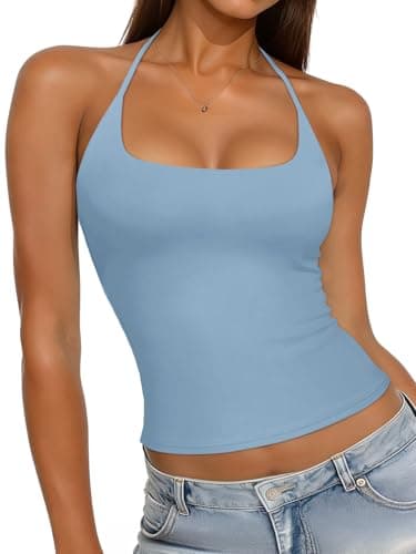 REORIA Womens Sexy Halter Backless Tank Tops Square Neck Camisole Crop Tops Basic Double Lined Sleeveless Shirts Y2K Trendy Going Out Tops, Sky Blue X-Small